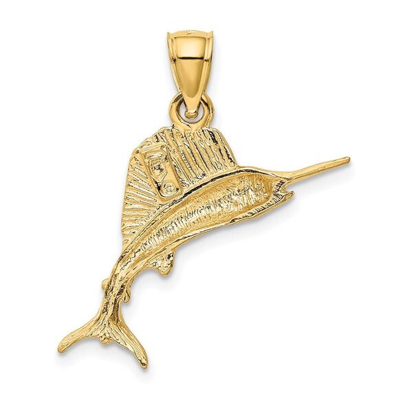 14k Yellow Gold Small Satin and Diamond Cut Sailfish Pendant - Picture 3 of 5
